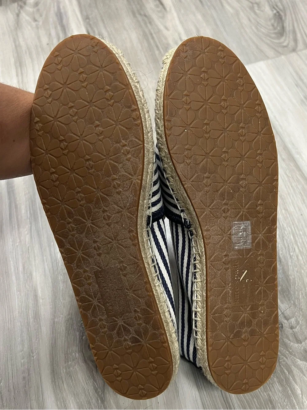 kate spade Navy and White Stripe Espadrilles with Red Crab Accent